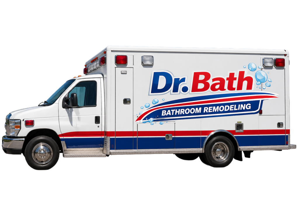 White box truck promoting Dr. Bath Bathroom Remodeling, with blue/red logo and swoosh along the side, parked on a road.