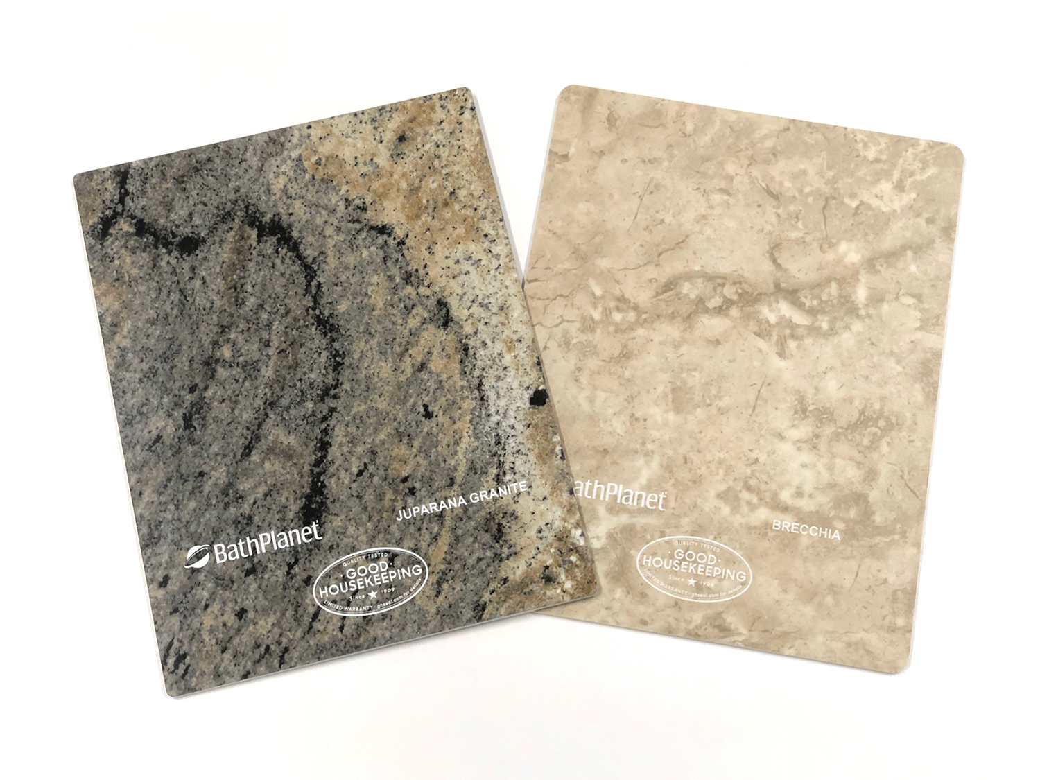 Two rectangular stone countertop samples from BathPlanet, left in dark Juparana Granite with circular patterns, right in light beige Breccia.