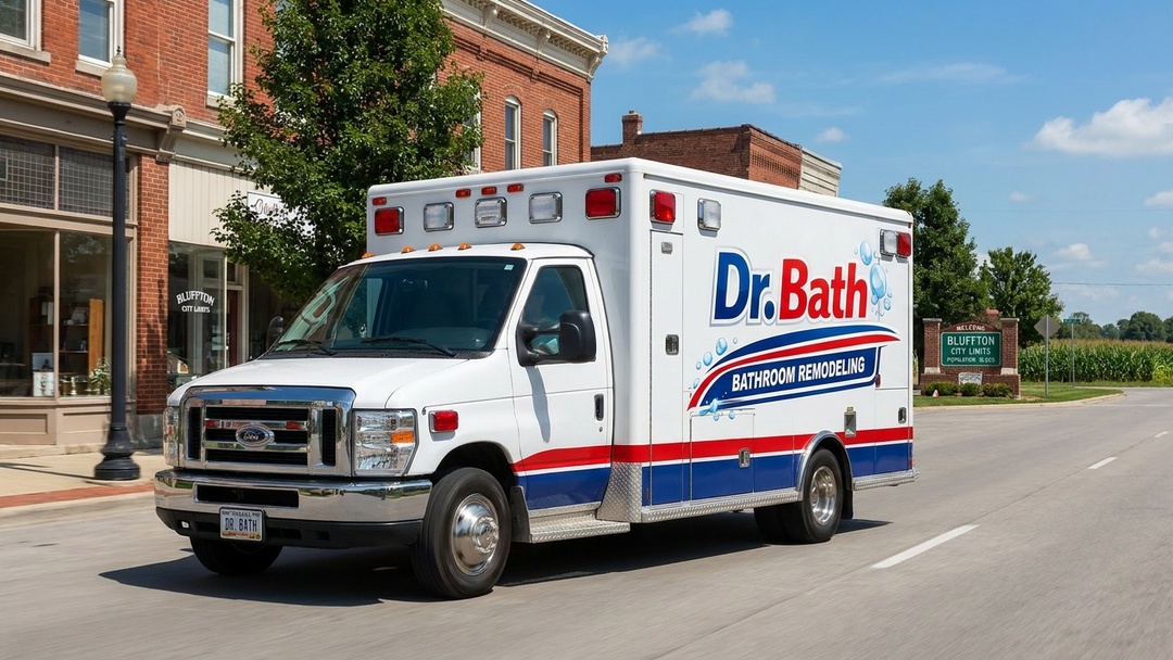 White Dr. Bath ambulance driving down a sunny downtown street with brick storefronts and a blue sky.