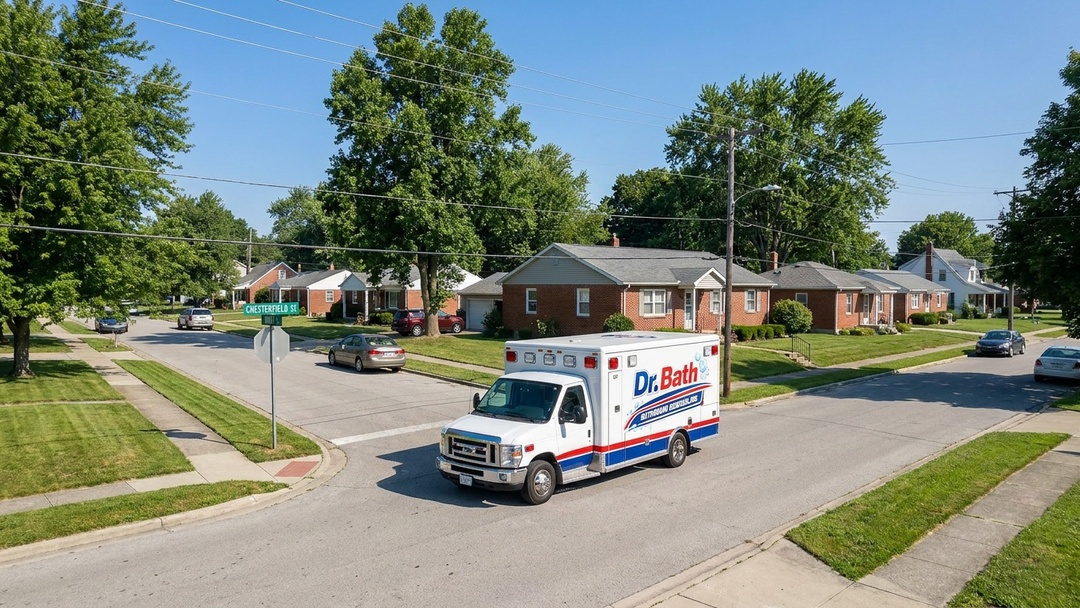 Dr. Bath ambulance driving through a suburban intersection on a sunny day.
